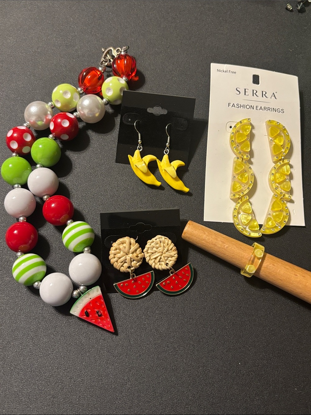 Summer Fruit Jewelry Lemon,Watermelon Bananas Ring,Earrings, and Necklace